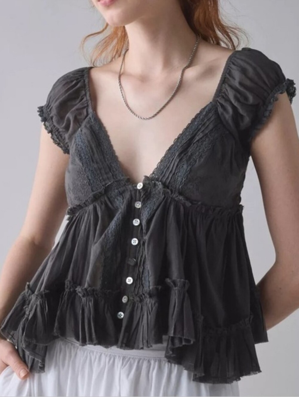 Kimchi Blue Izzy Lace Trim Button-Front Babydoll Blouse S Milkmaid Peasant UO